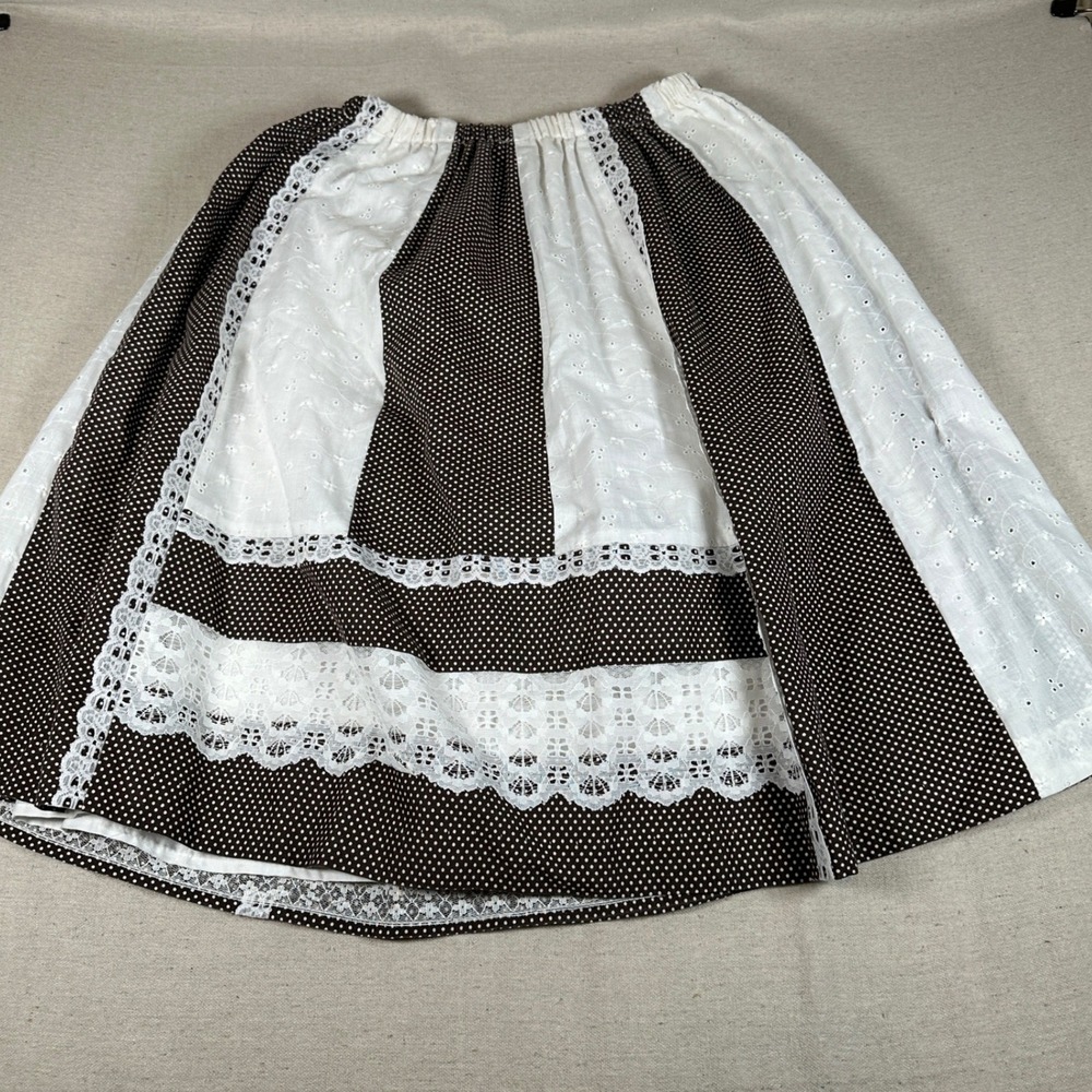 Vintage Brown Polka Dot Eyelet Lace Trim Prairie Skirt Cottagecore Midi - Picture 2 of 7